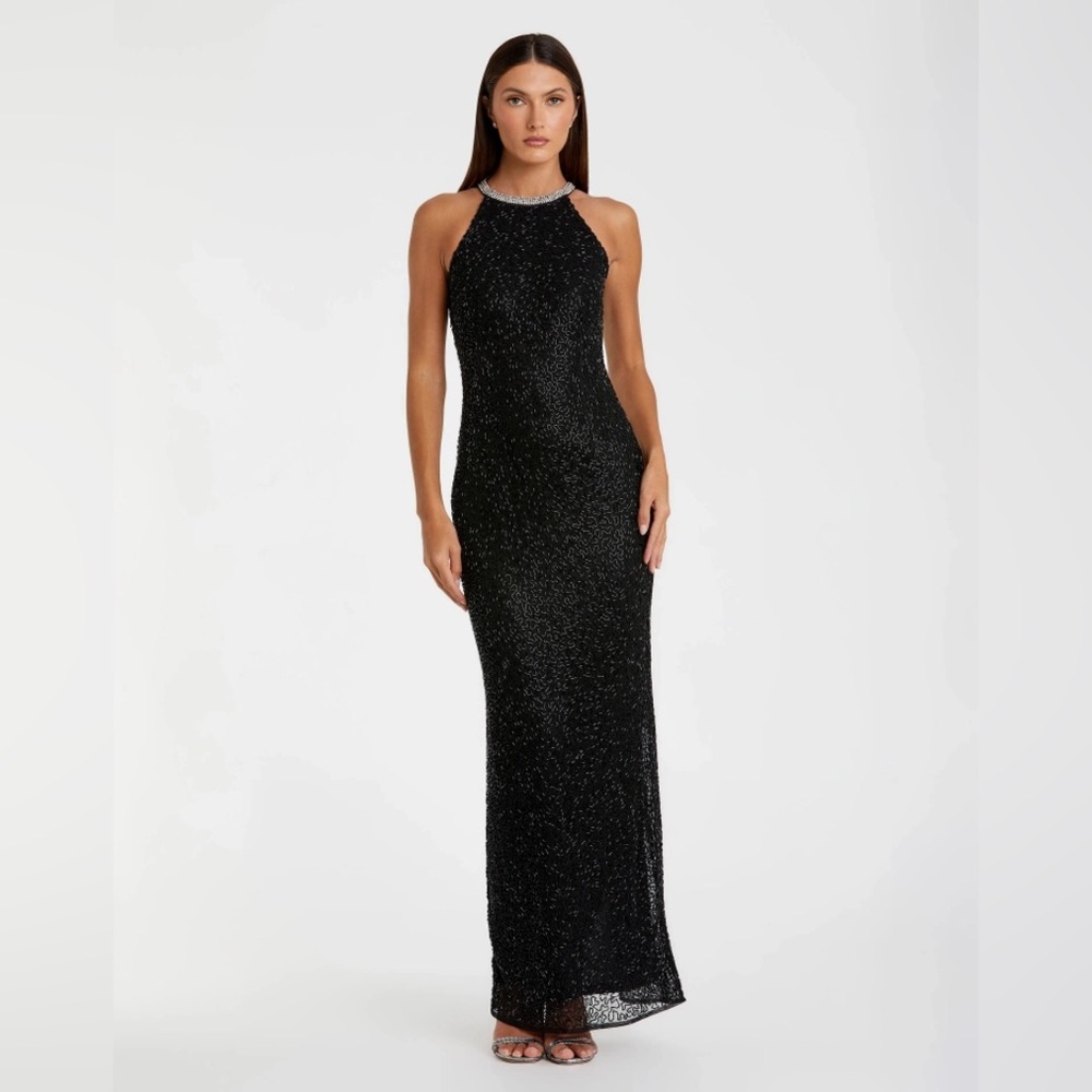 Mac Duggal Black Beaded Halter Maxi Gown